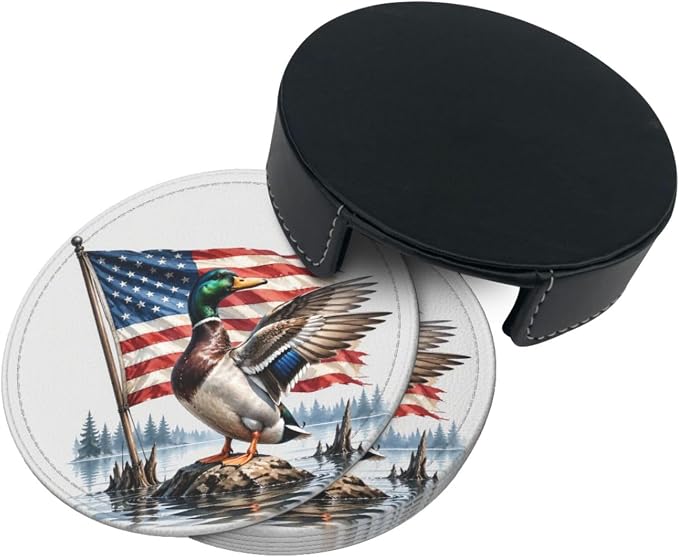 Patriotic Americana Hunting Mallard Duck Leather Coasters Set of 6