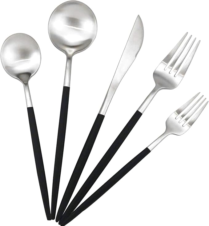 Black Handle Matte Silver Silverware Set