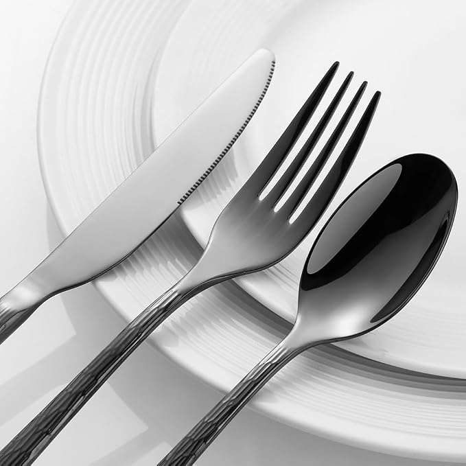 Hammered Black Silverware Set, Flatware Set, 18/10 Stainless Steel Premium