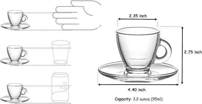 BOHEM'S Espresso Cups, 3.2 oz Small Demitasse Clear Glass Espresso Drinkware