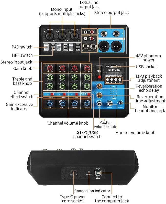 Mini audio DJ mixer Sound Board Console System, 5 Channel 48V Phantom Power