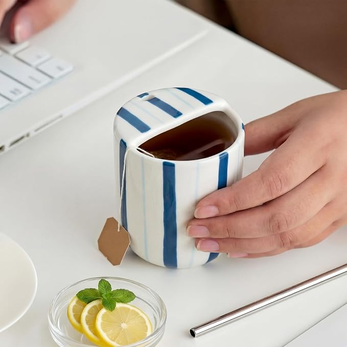 Ceramic Mug with Sip Hole 10 oz Deep and Light Blue Red Striped Ceramic Coffee
