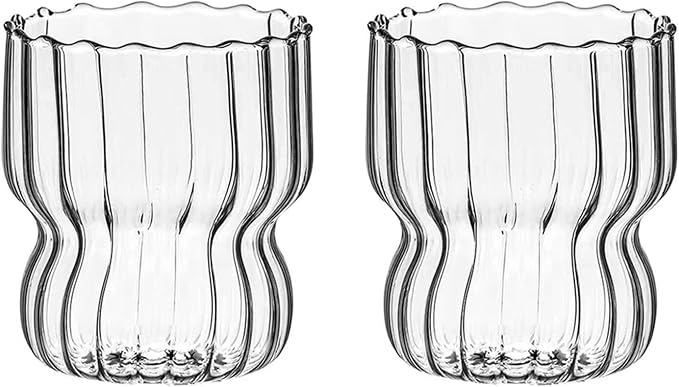 MANMAOHE 10 Oz Ribbed Glass Cups Set of 2 Creative Wavy Drinking Glasses