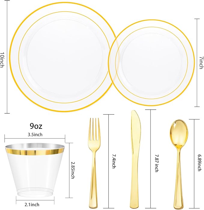 bUCLA 150Pcs Clear Gold Plastic Dinnerware Set