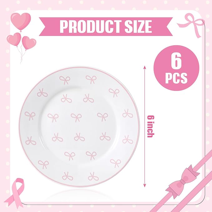 Honeydak 6 Pcs 6 Inch Pink Bow Ceramic Plates Coquette Bachelorette Tableware