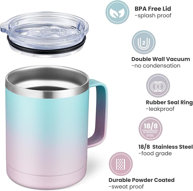 MEWAY 12oz Coffee Mug With Handle and Sliding Lid, Stainless Steel Travel