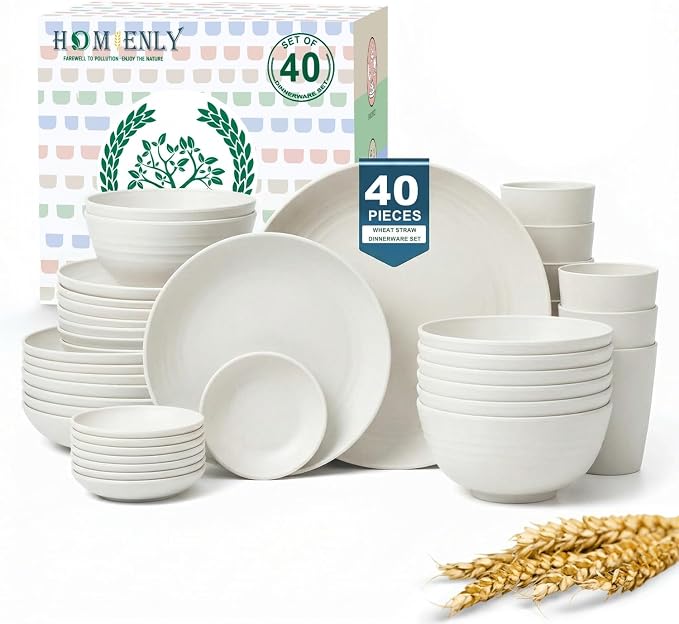 40 PCS Kitchen Dinnerware Sets, Wheat Straw Plates and Bowls Sets, Unbreakable