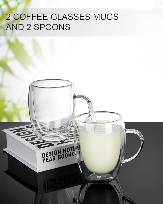 LIBWYS 12oz Double Walled Coffee Cups Glasses Mugs, Borosilicate Glass 2Pcs |