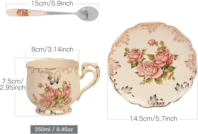 YOLIFE Tea Cup and Saucer Set, 8 OZ Pink Rose Tea Cup Set | Ivory Vintage