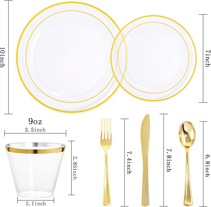 bUCLA 300Pcs Clear Gold Plastic Disposable Dinnerware Set