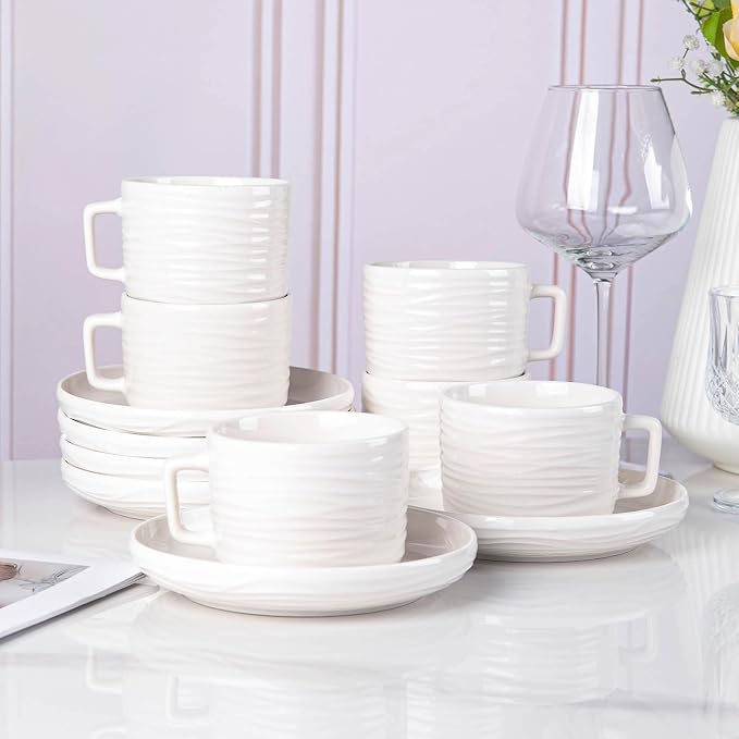 Tea Cups and Saucers Set, 8 OZ White Porcelain Coffee Cups | British Tea Set of
