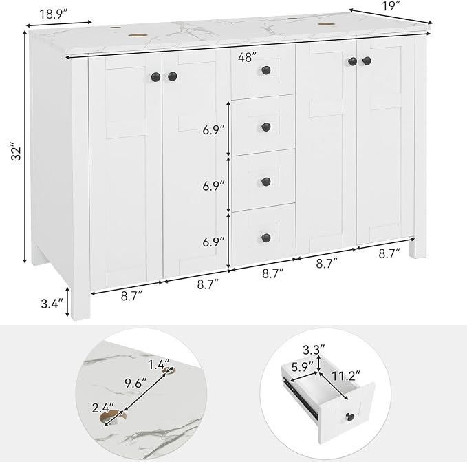 48" White Bathroom Vanity with Marble Texture Top and 4 Drawers