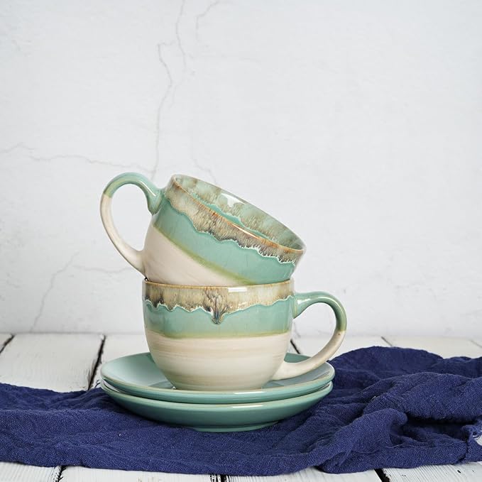 Bosmarlin Ceramic Cappuccino Cup and Saucer Set of 2, 10 Oz, Coffee Cups