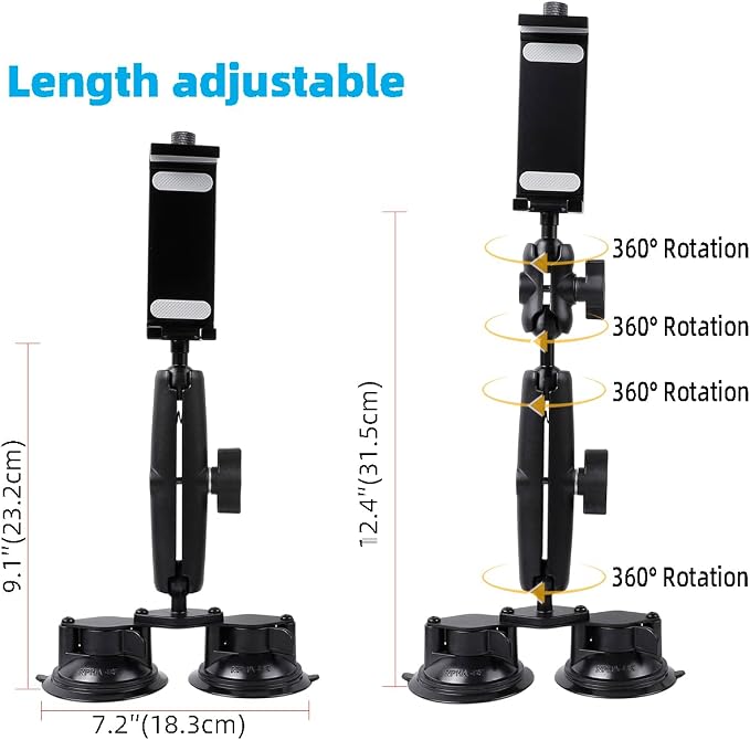 Aluminum Tablet Holder for All iPad, 360° adjustable Secure Double Suction Cup