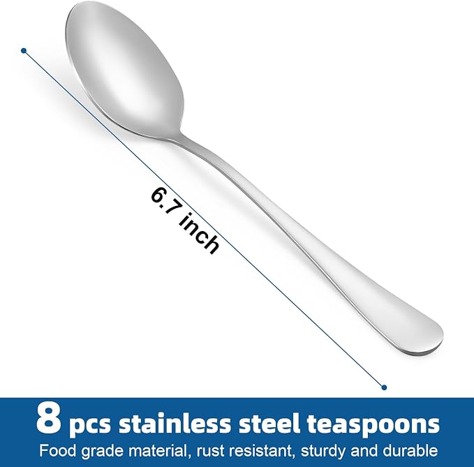 8 Pcs Teaspoons Set, Food-Grade Stainless Steel Spoons Silverware, Cutlery Tea
