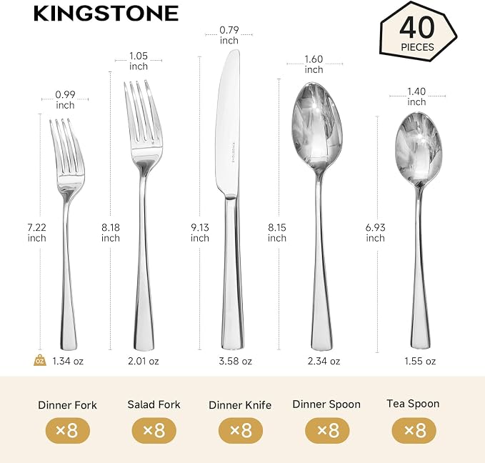 Silverware Set for 8, 40-Piece Forged 18/10 Stainless Steel Flatware Set