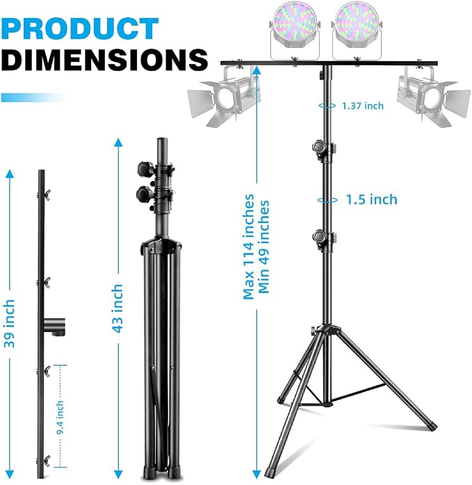 DJ Stand, T-Bar Tripod Stage Lights Stand Portable and Adjustable 49-114 Inch