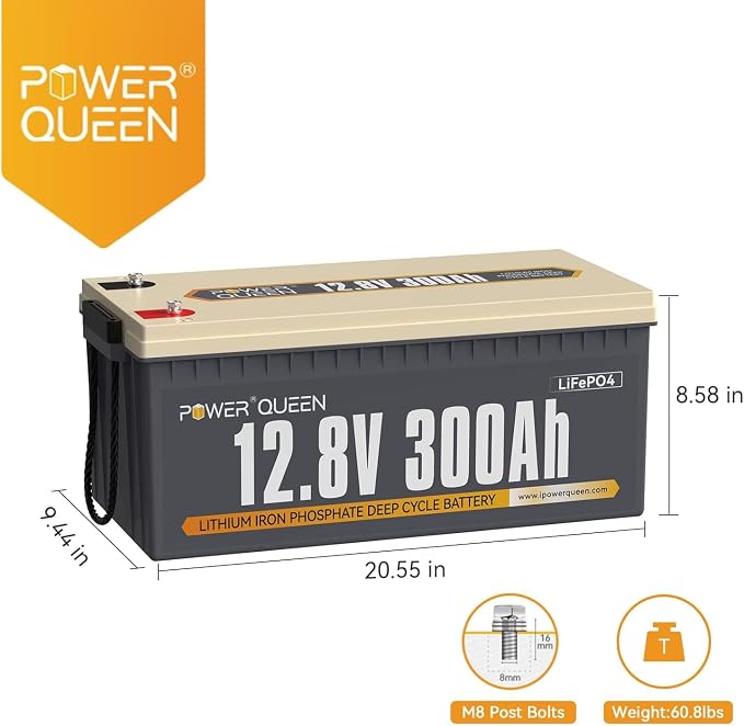Power Queen 12V 300Ah Deep Cycle Battery, LiFePO4 Lithium Battery, Max.3840Wh