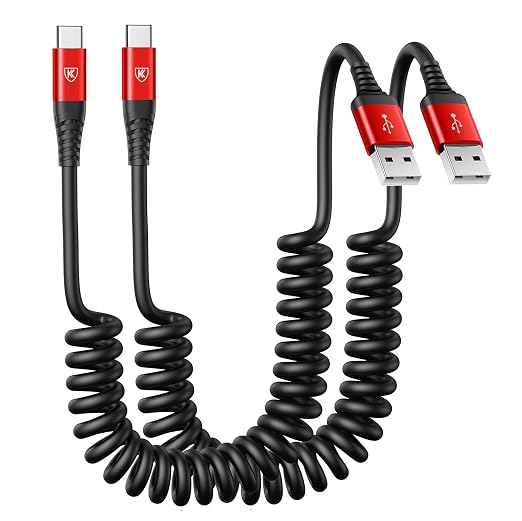 Coiled USB A to USB C Cable for Car 6FT 2Pack USB C Charger Cable Fast Charging
