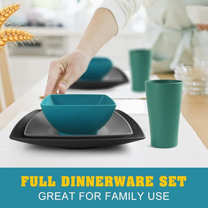 Teivio 16-piece Plastic Wheat Straw Square Dinnerware Set