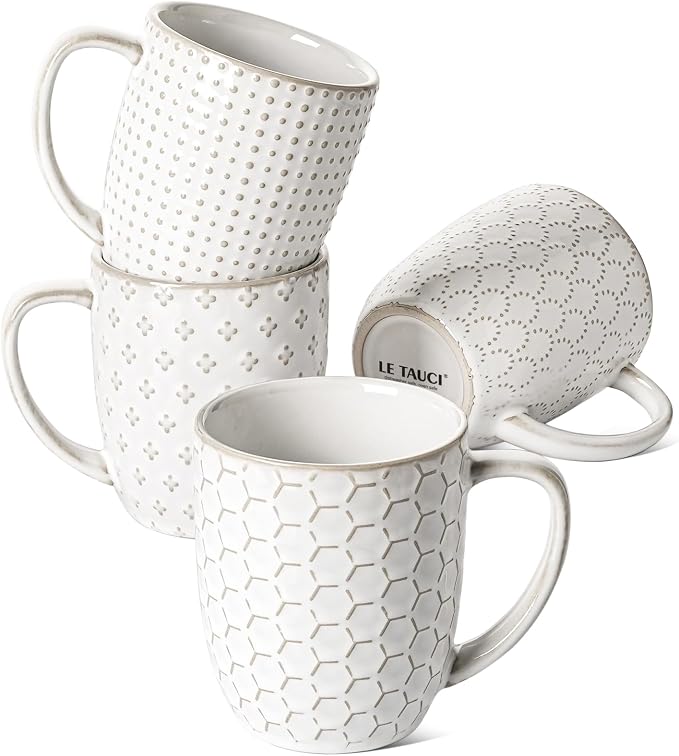 LE TAUCI Coffee Mugs 12 oz, Ceramic Mug Set Set of 4, Embossment Cups