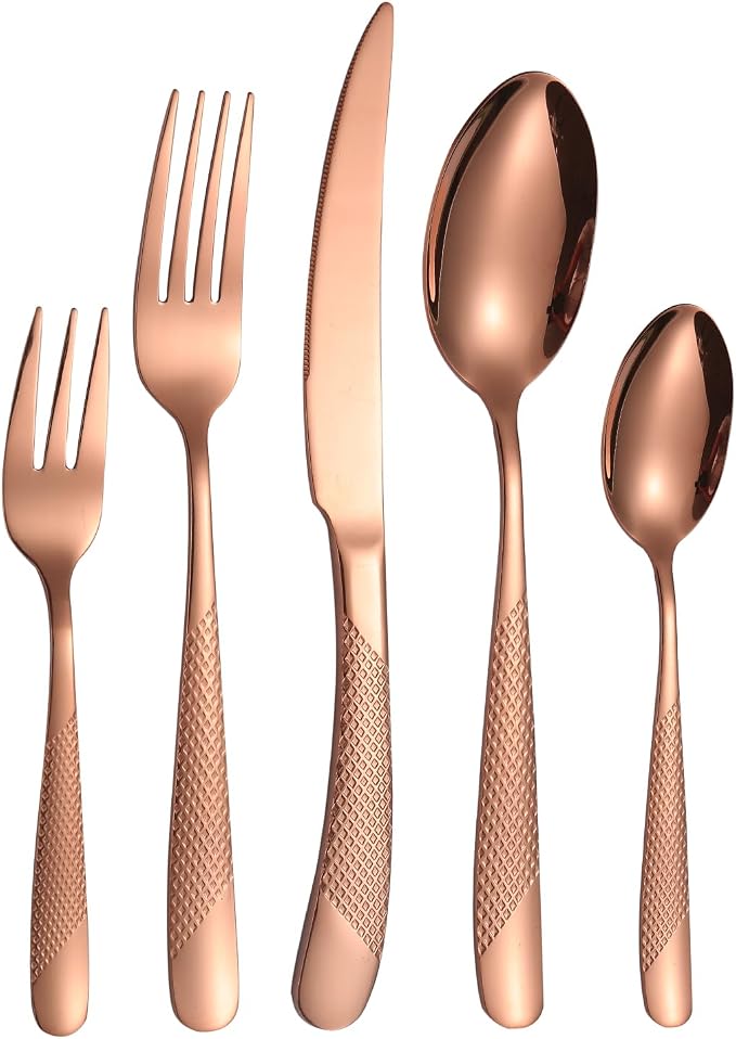 Hammered Flatware Set Copper/Rose Gold Silverware 20 Piece Stainless Steel