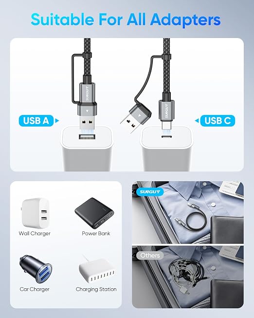 SUNGUY 4 in 1 Charging Cable 6FT, 60W Multi Charging Cable, USB-C/A to