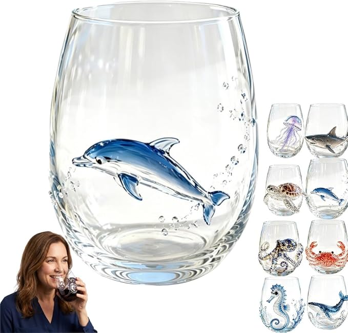 Artisanal Blue Ringed Octopus Glassware, 3D Ocean Glass Wine Glass，Dolphin |