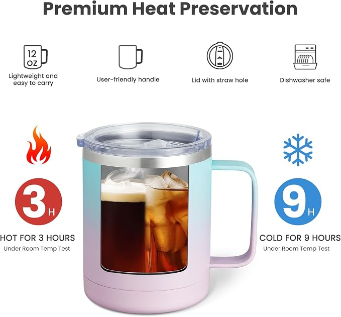 MEWAY 12oz Coffee Mug With Handle and Sliding Lid, Stainless Steel Travel