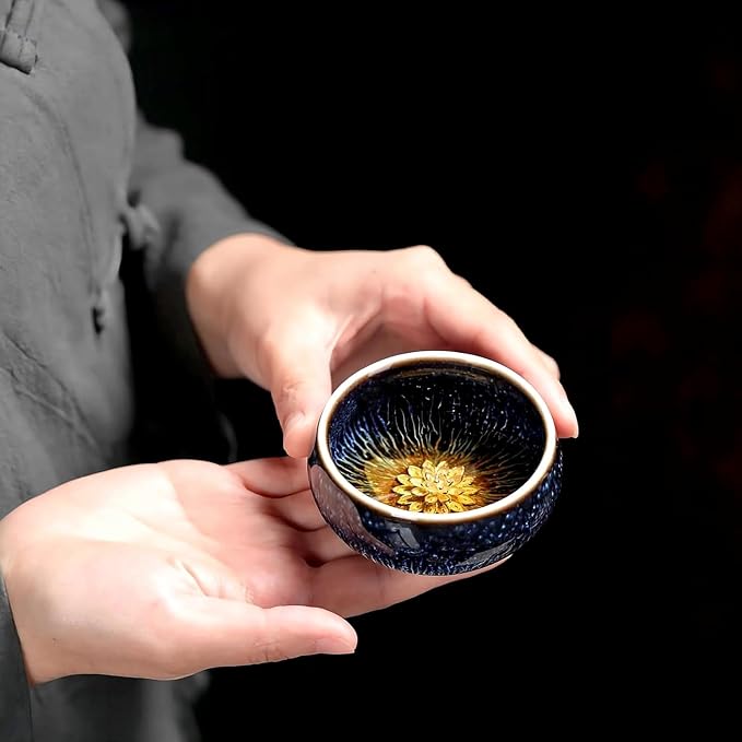 Tenmoku Ceramic Tea Cup with Lotus, 3 oz Chinese Small Teacup | Handmade