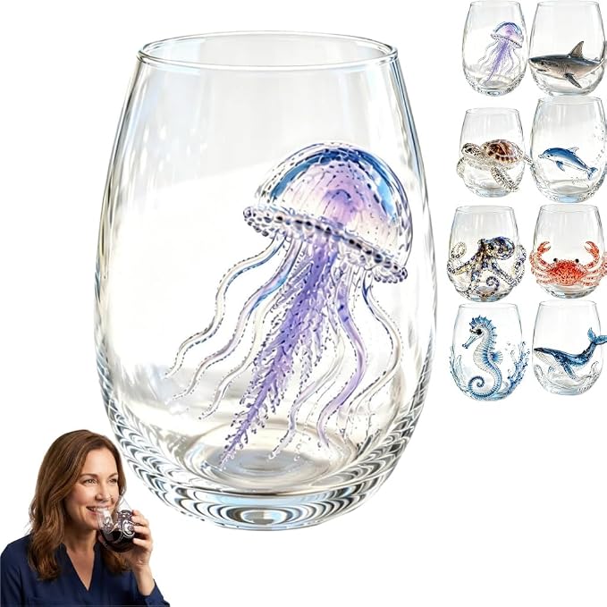 Artisanal Blue Ringed Octopus Glassware, 3D Ocean Glass Wine Glass，Jellyfish |