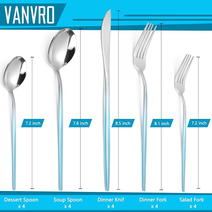 VANVRO Gradient Blue Silverware Set, 20 Piece Stainless Steel Flatware Set