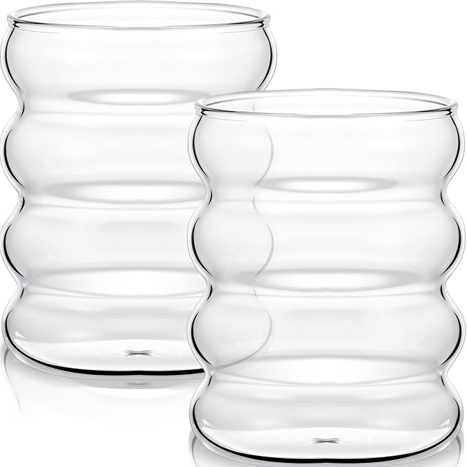 Cunhill 2 Pcs Wave Glass Cup 10 oz Ribbed Bubble Drinking Glassware Creative