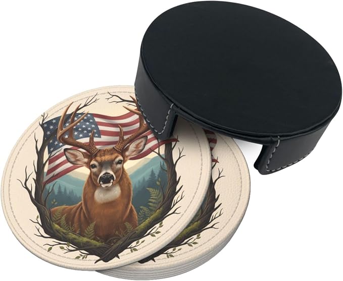 Rustic Patriotic Deer Antler Art Leather Coasters Set of 6