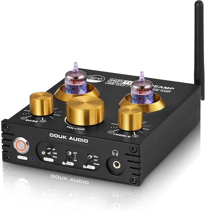 Douk Audio P1 Vacuum Tube Bluetooth Preamplifier, GE5654 Audio Preamp, Hi-Fi