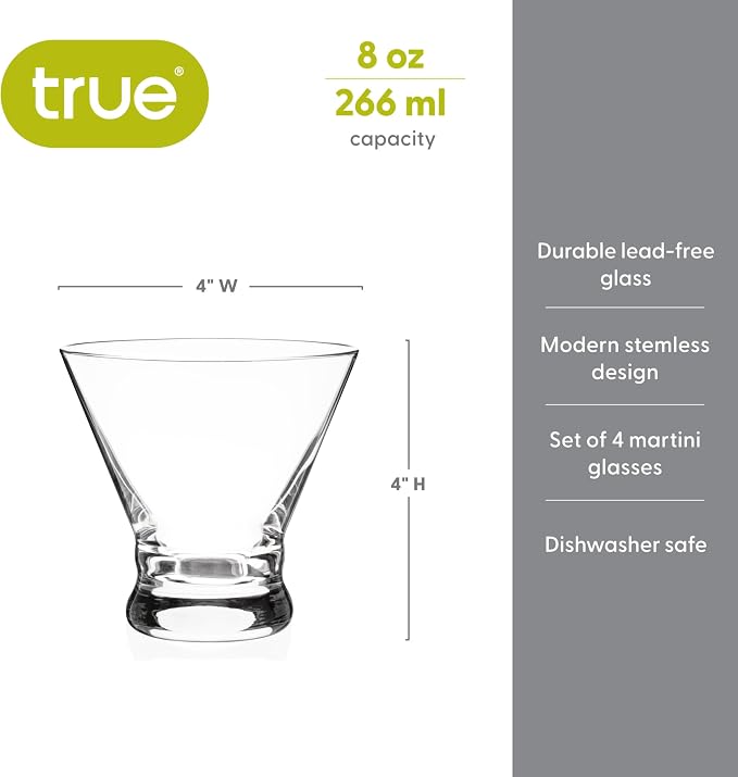 True Stemless Martini Glasses, 8 oz Modern Cocktail Glasses