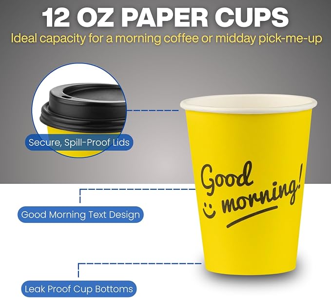 Disposable Coffee Cups with Lids, To Go Paper Hot Cups, Good Morning Design