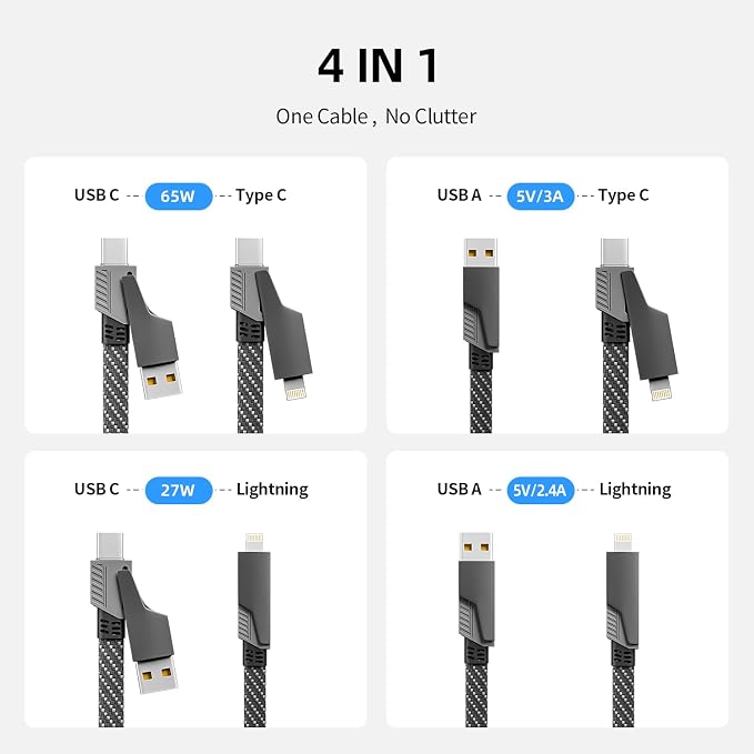 4 in 1 Charging Cable Fast Charging 65W, USB C Cable 4-in-1 USB Multi Charging