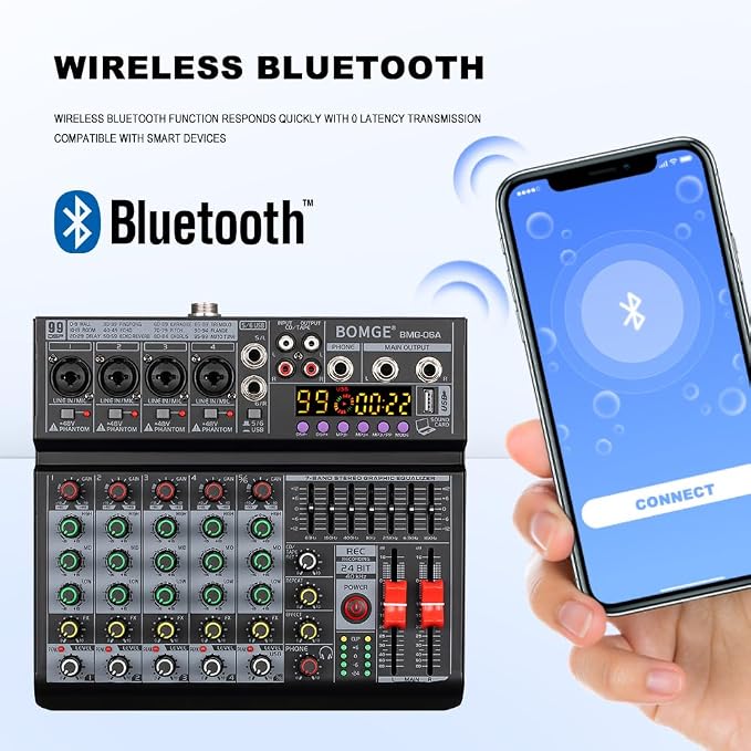 BOMGE 06A Professional 6 Channel DJ Audio Mixer, DJ Controller Sound Mixer