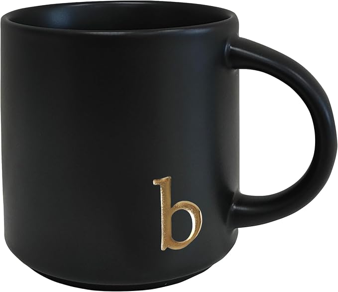 COLLECTIVE HOME Black Ceramic Coffee Mug, 15 oz Golden Monogram Tea Cup |