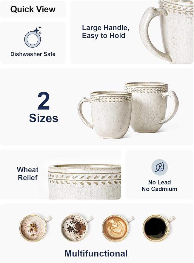 LE TAUCI Coffee Mugs 12 oz, Ceramic Mug Set, Embossment Cups