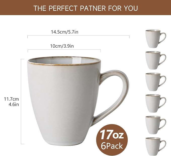 MONITO 17oz Ceramic Coffee Mugs Set of 6, Vintage White Mugs