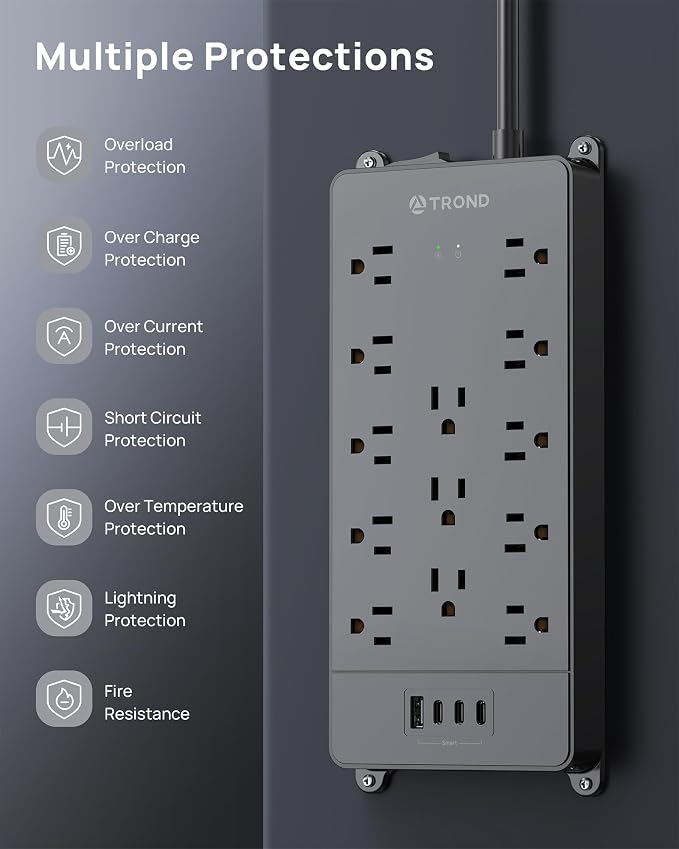 TROND 360° Rotating Flat Plug, Surge Protector Power Strip, 13AC Widely Spaced