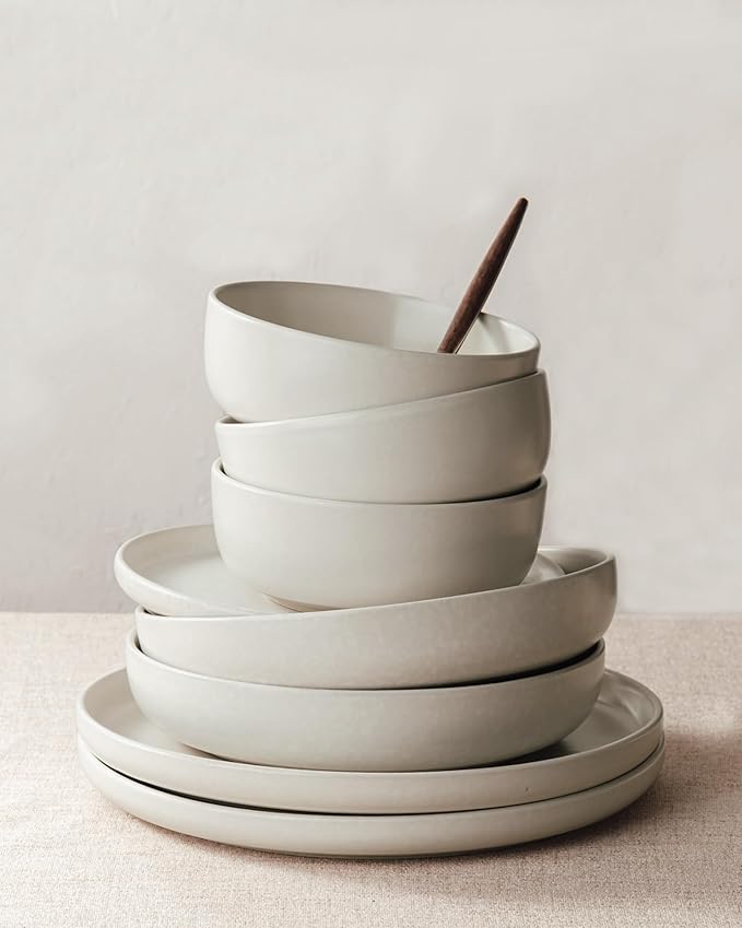 Famiware Milkyway 24-Piece Stoneware Dinnerware Set, Matte Beige White | Plates