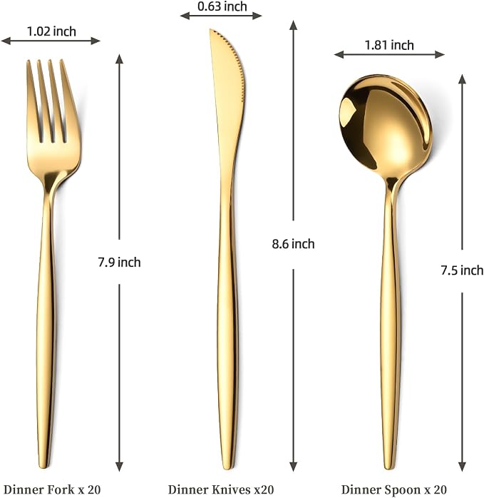 60-Piece Gold Silverware Set for 20, Food Grade Stainless Steel Flatware Set