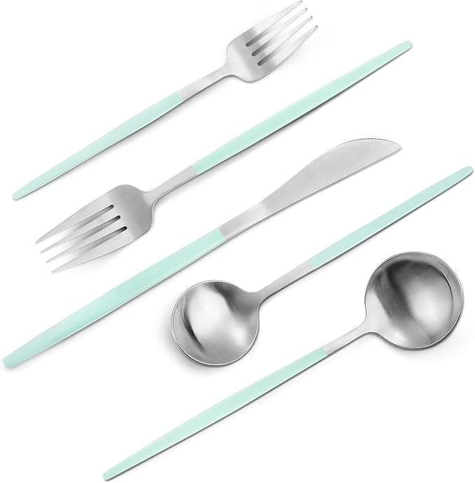 VANVRO Matte Green Silver Silverware Set, 20-Piece Stainless Steel Flatware Set
