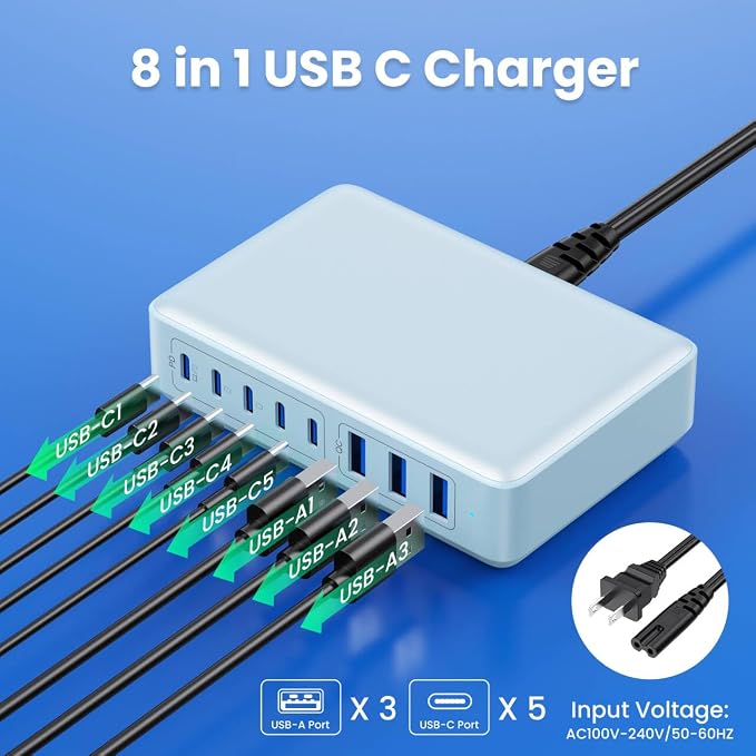 USB C Charger 300W USB C Charger Block 8-Ports GaN IV Fast Charging Station