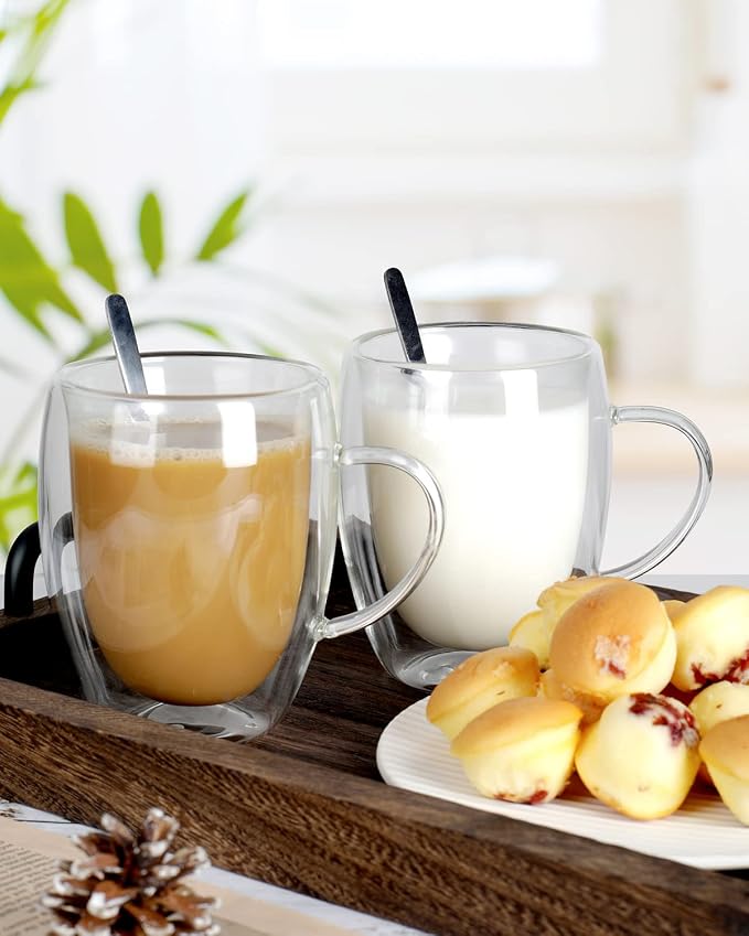 LIBWYS 12oz Double Walled Coffee Cups Glasses Mugs, Borosilicate Glass 2Pcs |