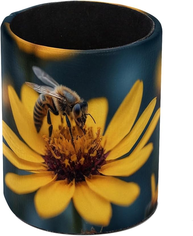 Leather Pen Holder for Desk, Honeybee Pencil Cup Pen Organizer Makeup Brush