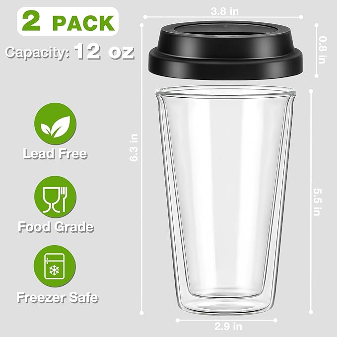 Qipecedm® 2 Packs Double Walled Glass Coffee Mugs